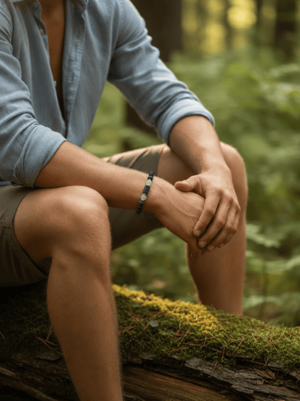 B056 na modelu — Bransoletka z Turmalinem, Prehnitem i Labradorytem Bransoletka z naturalnego turmalinu, prehnitu, labradorytu, lawy wulkanicznej i onyksu prezentowana na męskim nadgarstku.