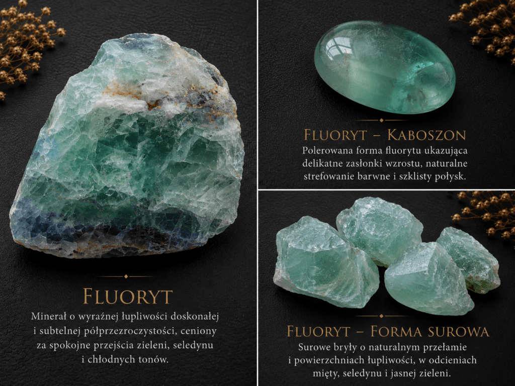 Zielony fluoryt w formie okazu surowego i polerowanego kaboszonu – infografika SERETI
