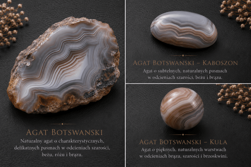 Infografika przedstawiająca agat botswański z naturalnymi warstwami i charakterystycznym pasiastym wzorem w odcieniach szarości, brązu i pudrowego różu.