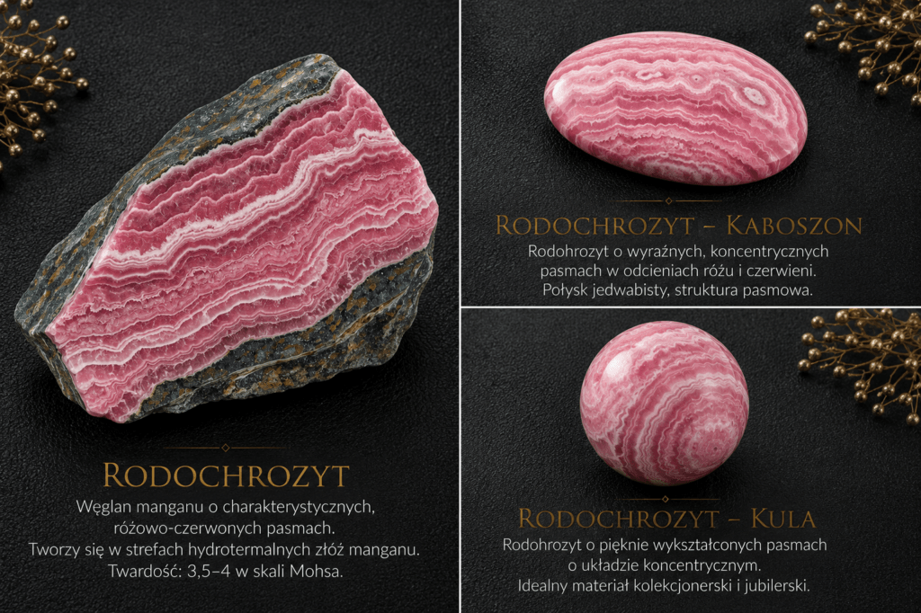 Rodochrozyt naturalny – surowy minerał, kaboszon i kula z charakterystycznymi różowo-białymi pasmami.