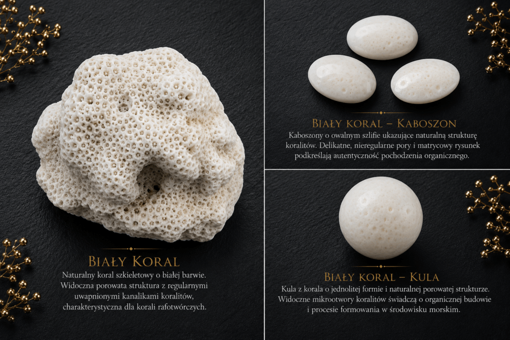 Infografika przedstawiająca biały koral w trzech formach: surowy okaz koralowca, polerowane kaboszony oraz kulę wykonaną z korala. Widoczna naturalna porowata struktura szkieletu koralowego.