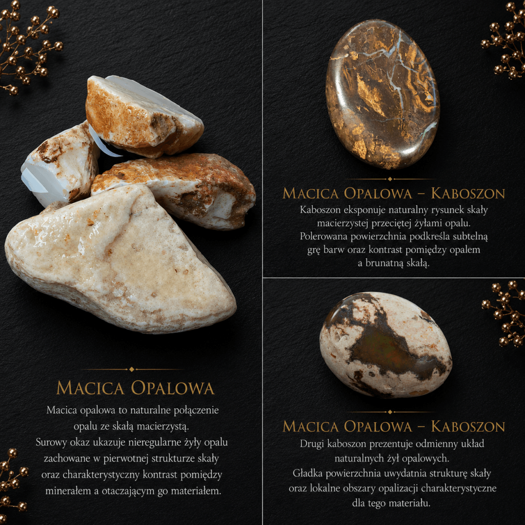 Macica opalowa infografika SERETI – surowy okaz oraz dwa kaboszony na ciemnym tle