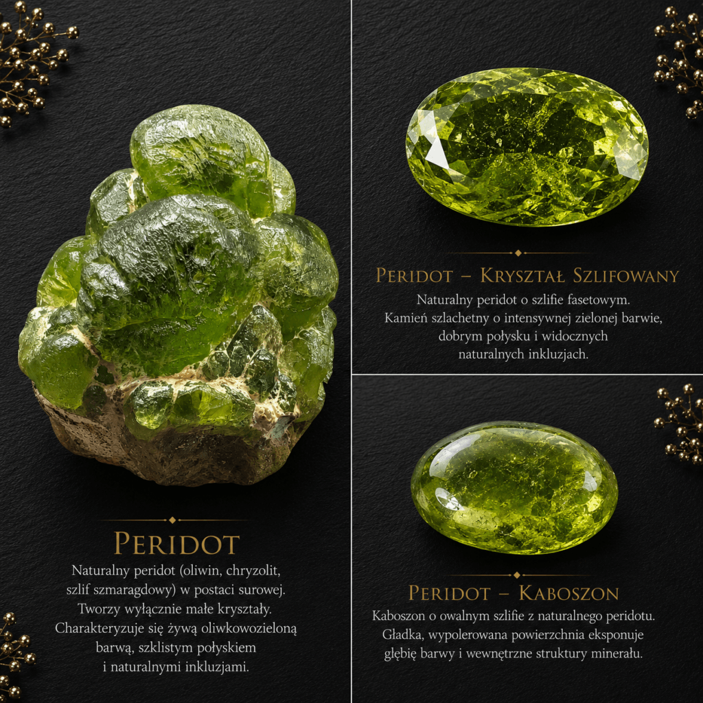 Infografika SERETI przedstawiająca peridot w trzech formach: surowy kryształ, fasetowany kamień jubilerski oraz kaboszon. Widoczna charakterystyczna oliwkowozielona barwa i naturalne inkluzje minerału.