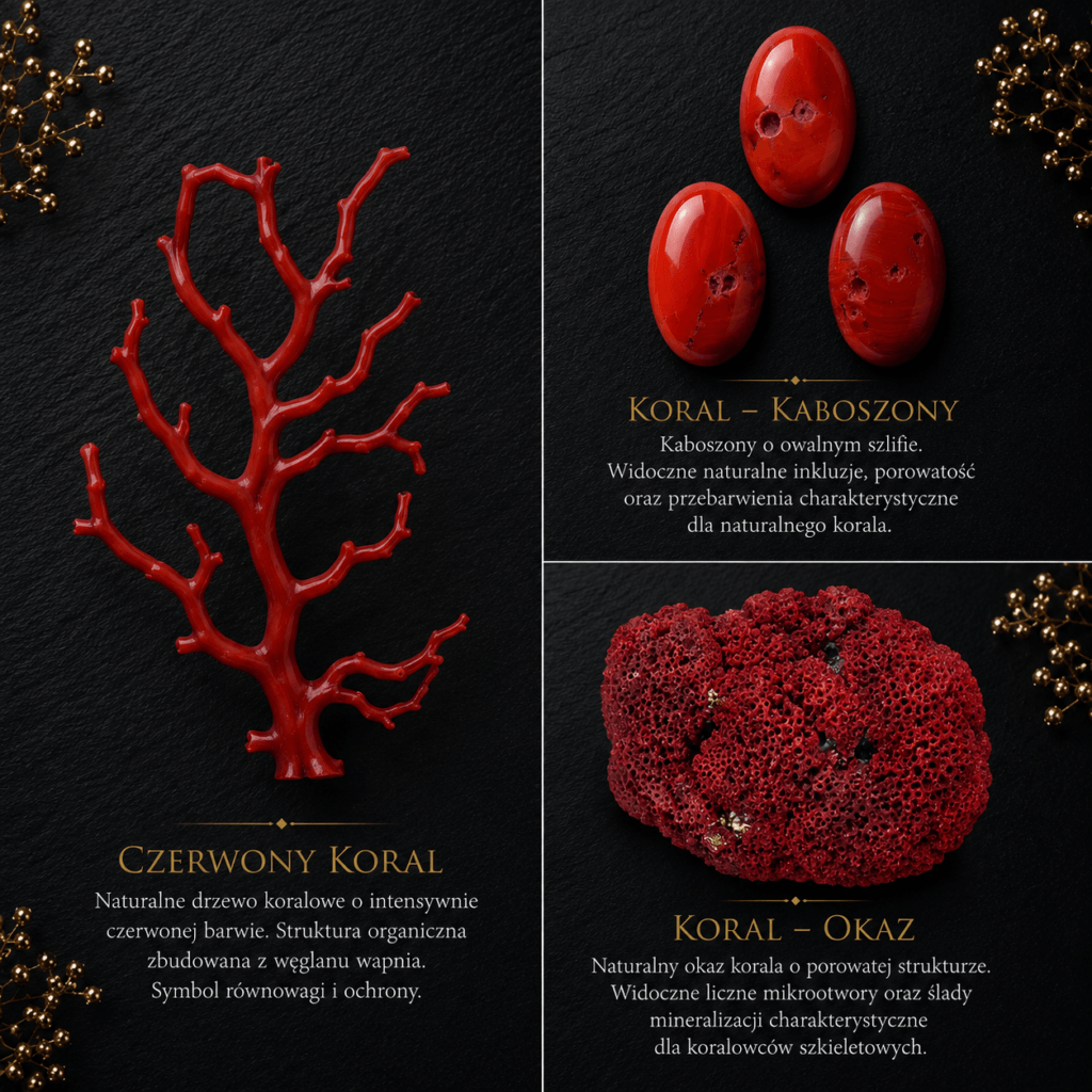 Czerwony koral – infografika SERETI z drzewem koralowym, kaboszonami i naturalnym okazem