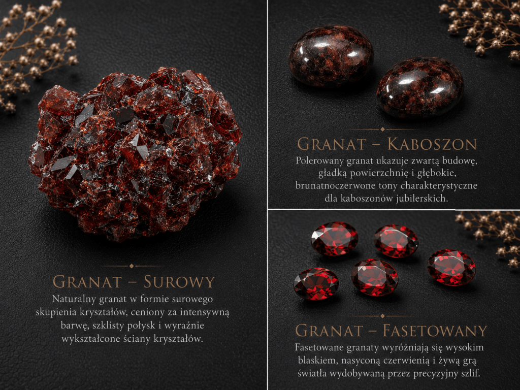 Granat w formie surowej, kaboszonu i kamieni fasetowanych – infografika SERETI