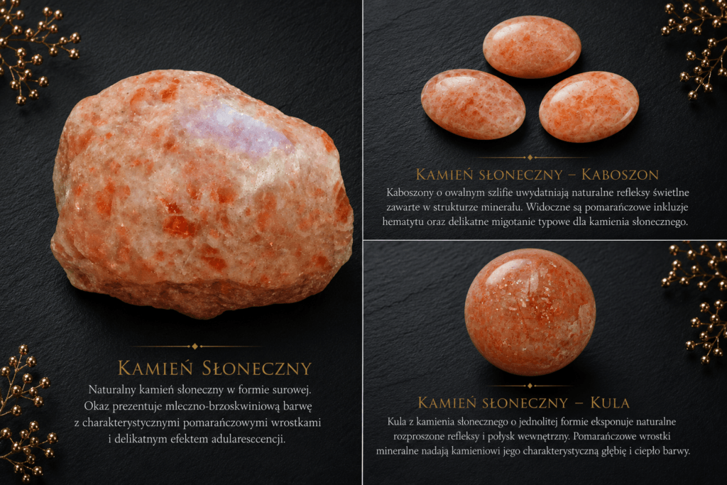 Infografika kamienia słonecznego przedstawiająca surowy okaz, kaboszony oraz polerowaną kulę z naturalnego kamienia słonecznego.