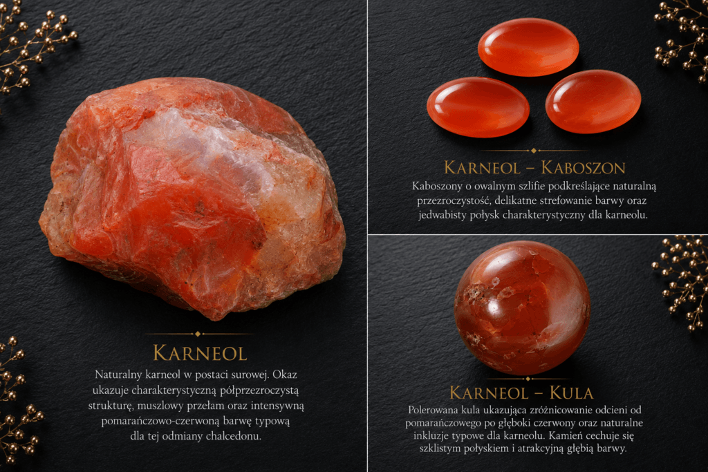 Infografika SERETI przedstawiająca karneol w trzech formach: surowy okaz, polerowane kaboszony oraz kulę z karneolu na eleganckim grafitowym tle